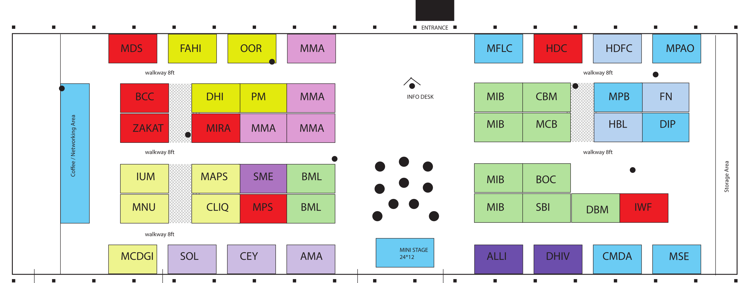 Maldives Financial Expo 2026 floor plan — exhibition stalls arranged around a main stage and mini stage, with the entrance to the east, an information desk at centre, a coffee and networking area to the north, and a storage area to the south.