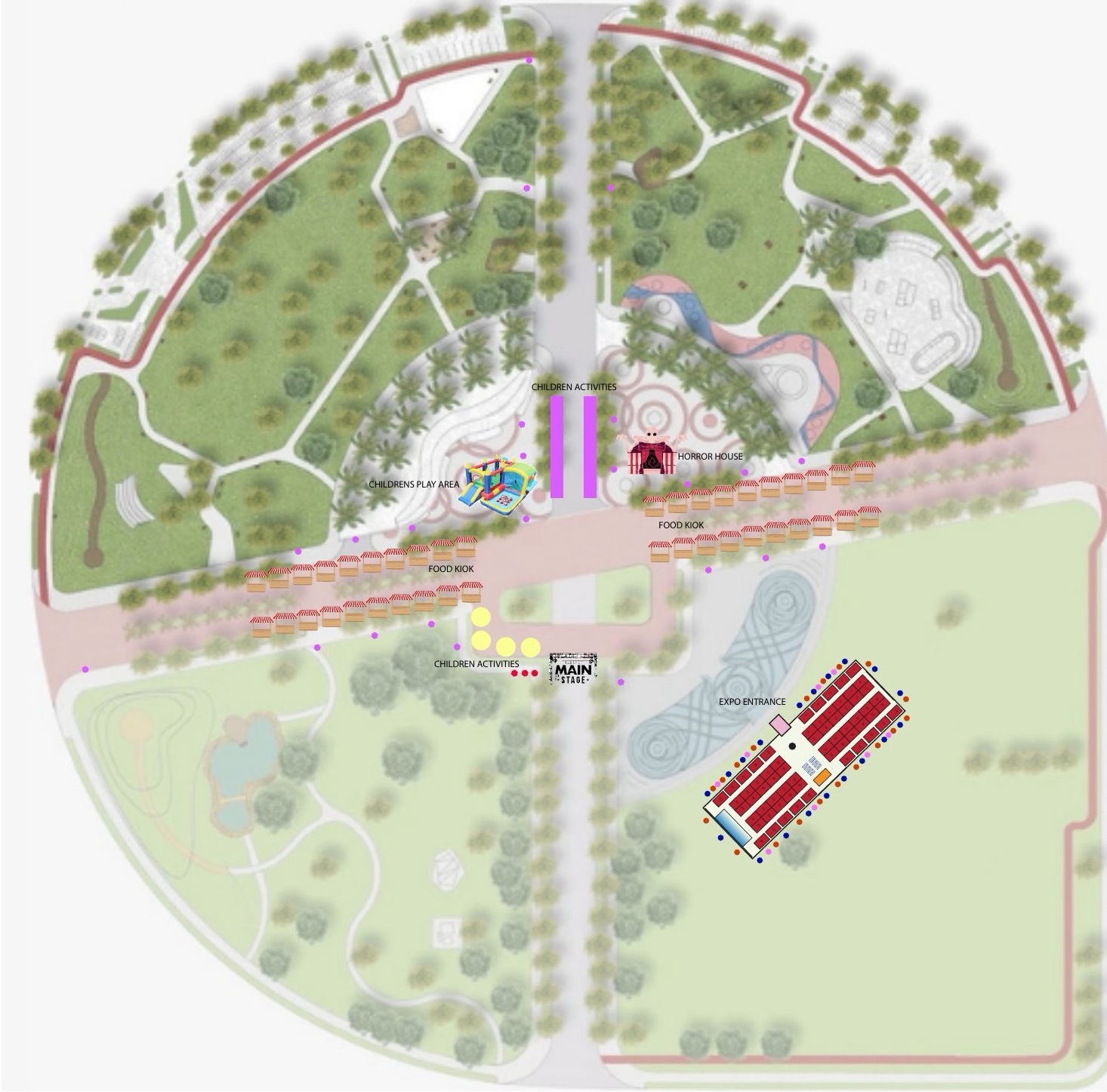 Central Park, Hulhumalé event layout — the main entrance to the north, with children's activities, food kiosks and the main stage along the central walkway, and the Maldives Financial Expo tent on the south-east lawn.
